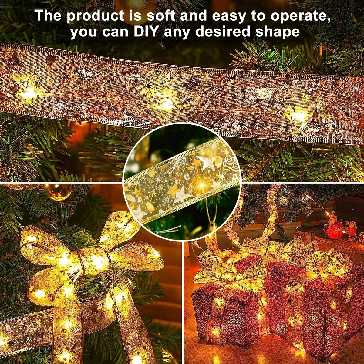 LED Fairy Lights Ribbon Lights DIY Lace Bows String Light For Christmas Tree Bedroom Wedding New Year Gift Decoration Lights